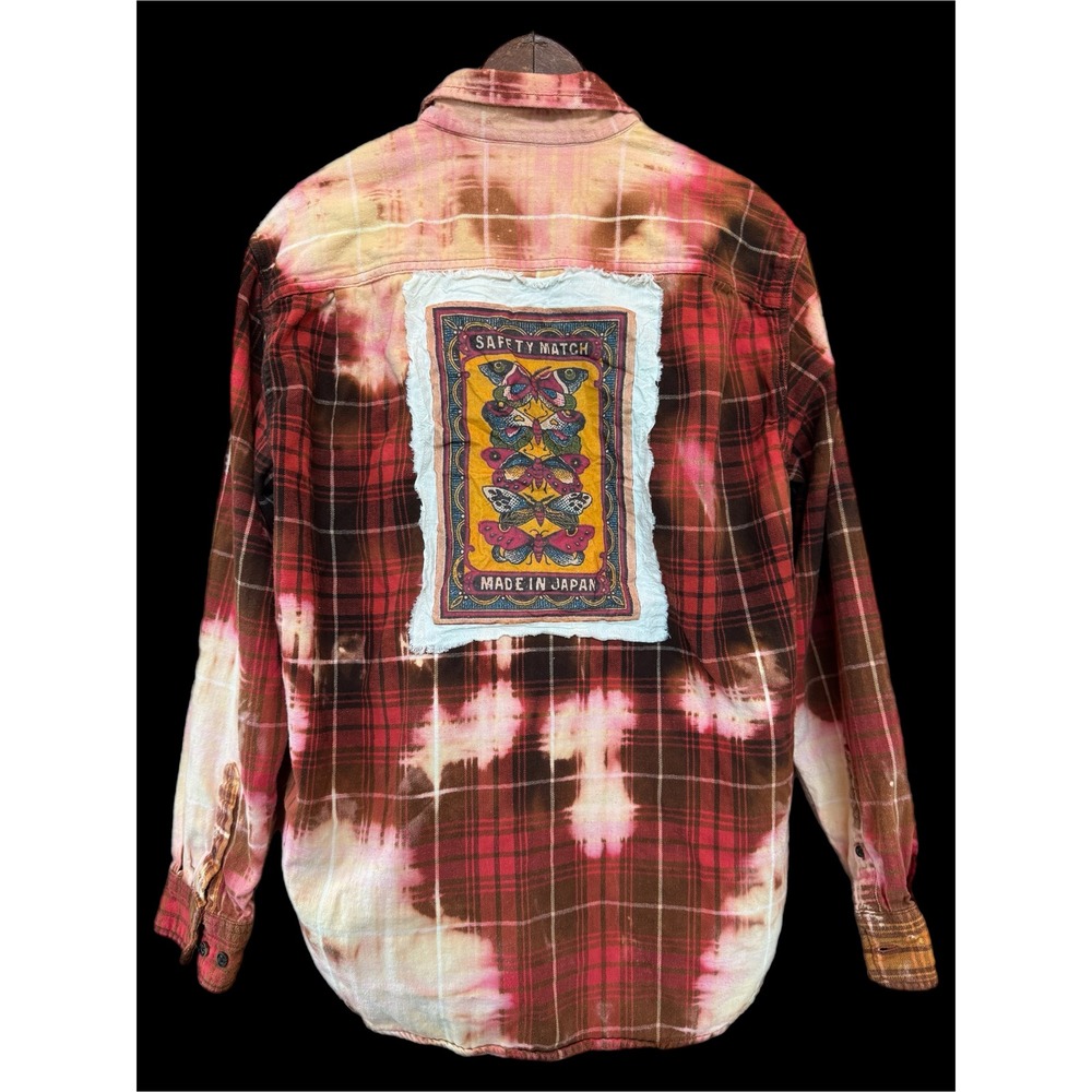Vintage Butterfly Patch Bleached Flannel Shirt Upcycled Cotton Size Large - Picture 2 of 10